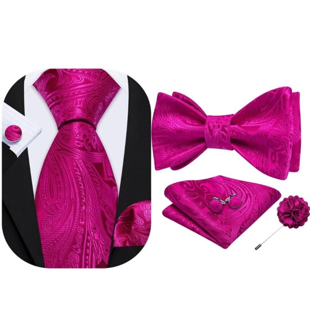 New Hot Pink Tie Bowtie Set Paisley Silk Pocket Square Cufflinks Lapel Pin